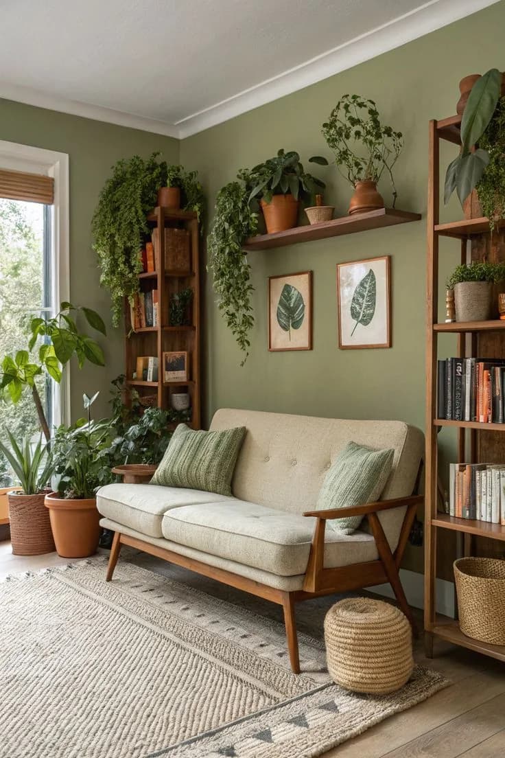 Corner of a living room with sage green walls, a cream settee with green cushions, two framed leaf prints, wooden shelves of books and many potted and trailing plants