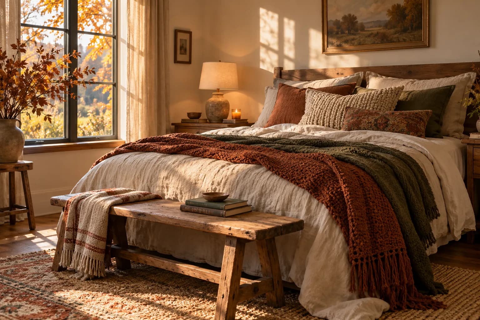 Fall bed layered with oatmeal linen, rust and olive knit throws and textured pillows, rustic bench at the foot