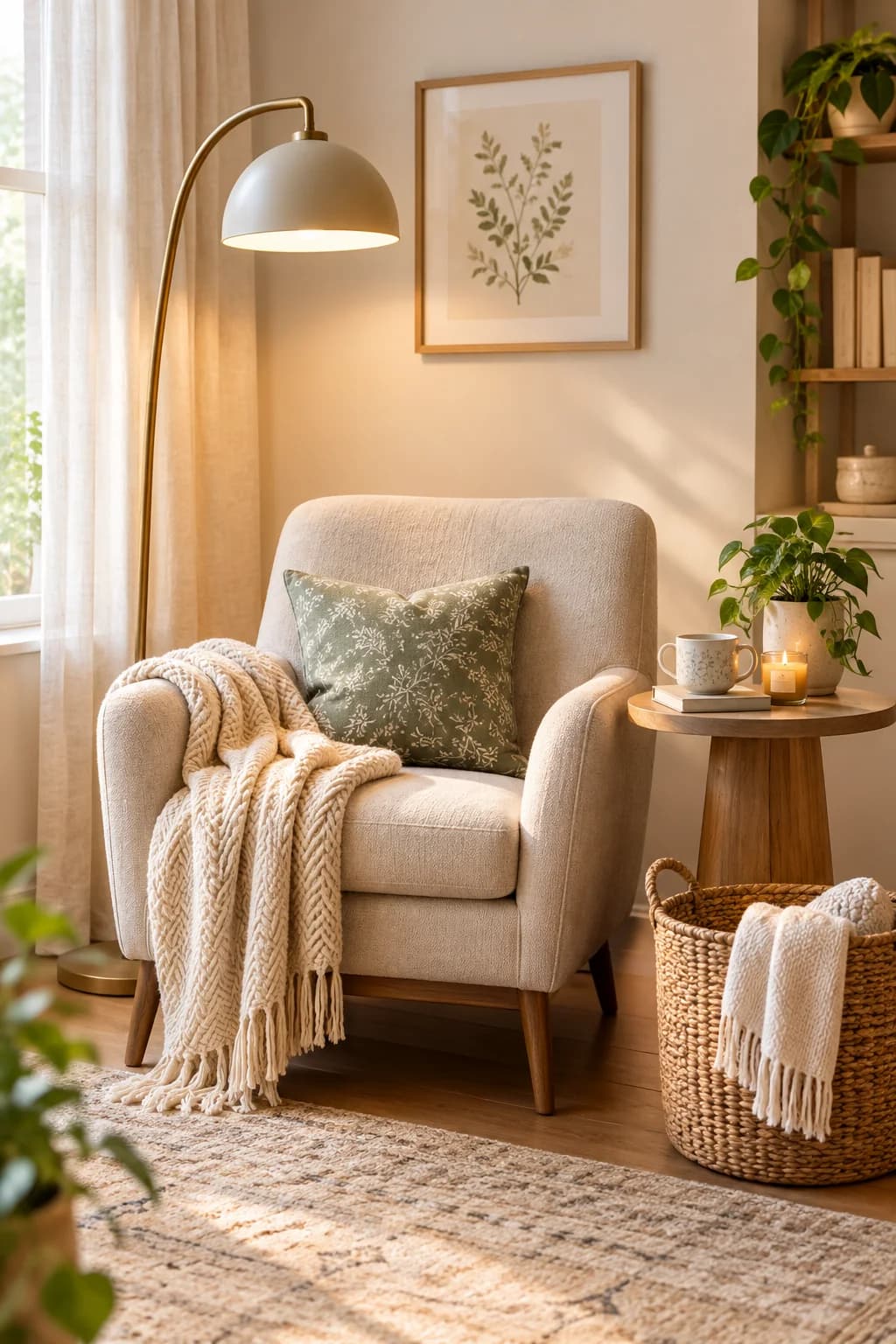 Cream armchair with a knitted throw and a green patterned cushion under an arched lamp, a woven basket holding a second throw and a round wooden side table