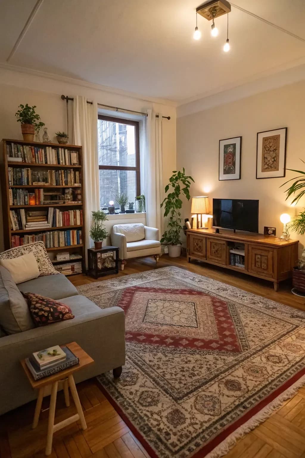 Living room with a tall bookcase, a grey sofa with patterned cushions, a red and cream traditional rug on a parquet floor, plants on the windowsill and a low wooden media cabinet