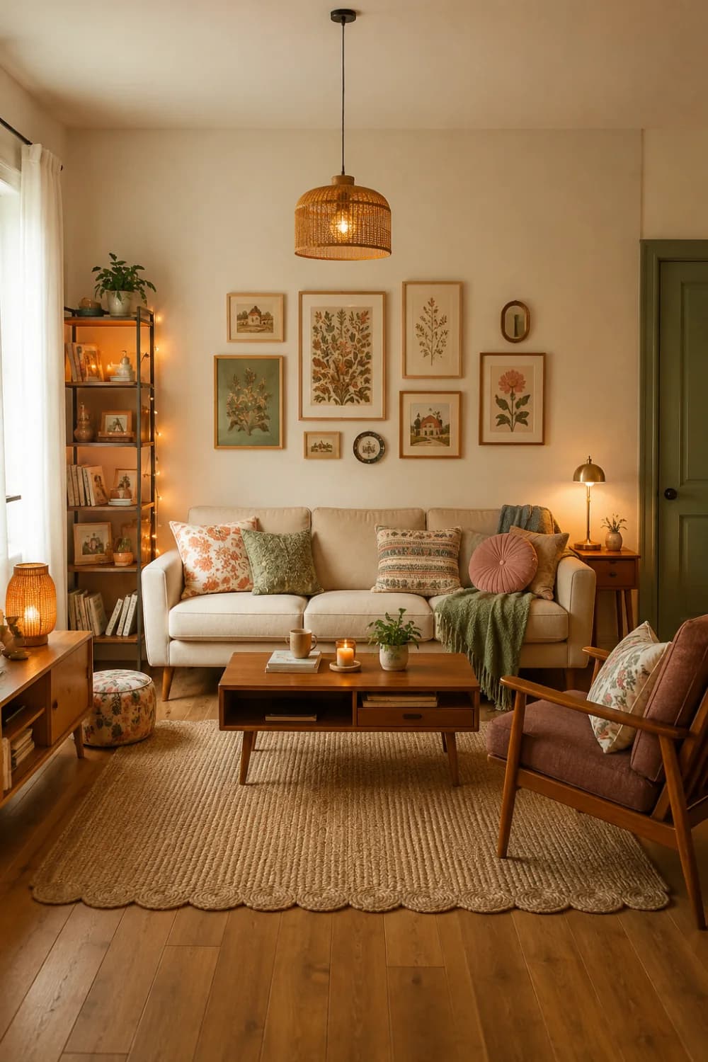 Living room with a cream sofa under a group of framed botanical prints, a rattan pendant lamp, a scalloped jute rug, a wooden coffee table and a mid-century armchair