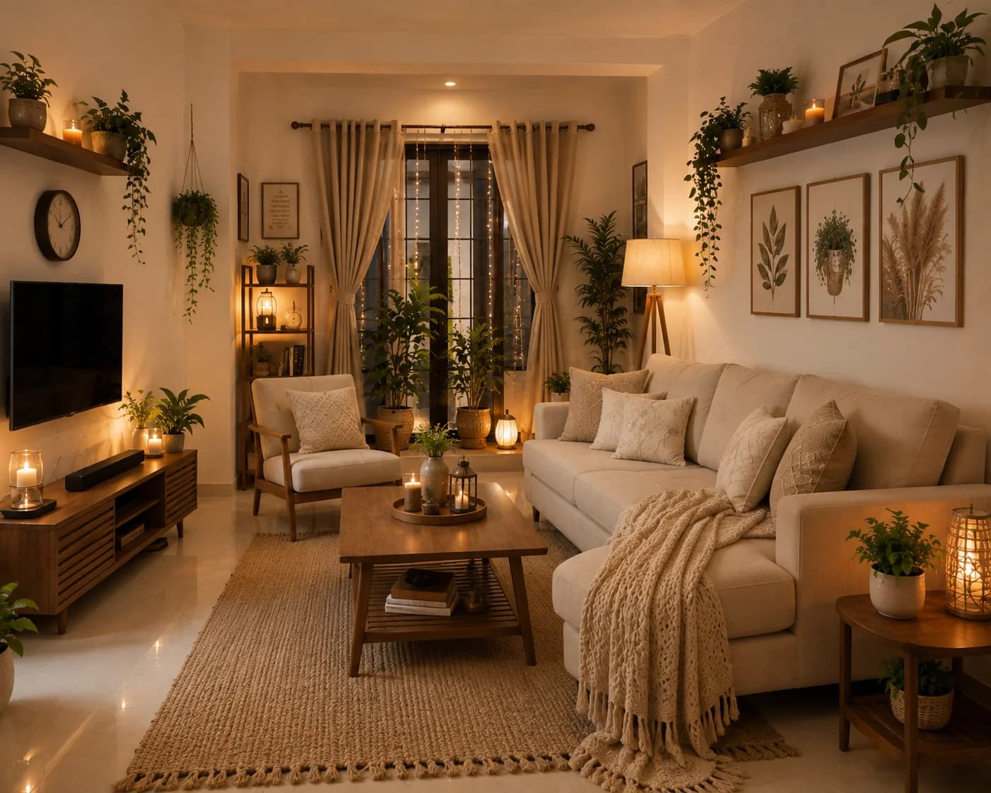 Small living room in warm evening light with a beige sectional, a chunky cream throw, a jute rug, a wooden coffee table, linen curtains, botanical prints, plants on shelves and two lamps