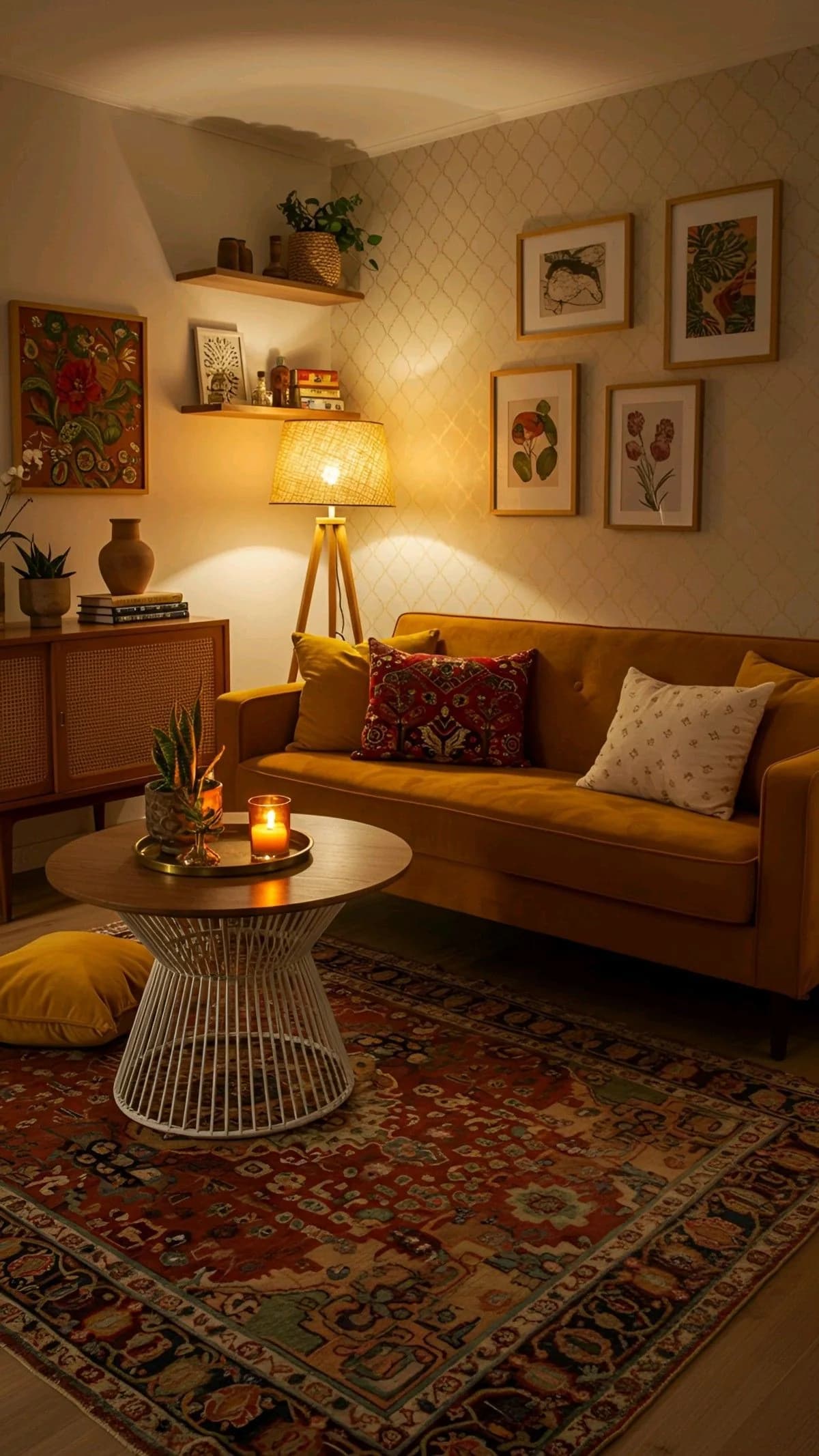 Mustard sofa with red and cream cushions under a group of framed botanical prints, a tripod lamp on a sideboard, a round side table with candles and a red patterned rug