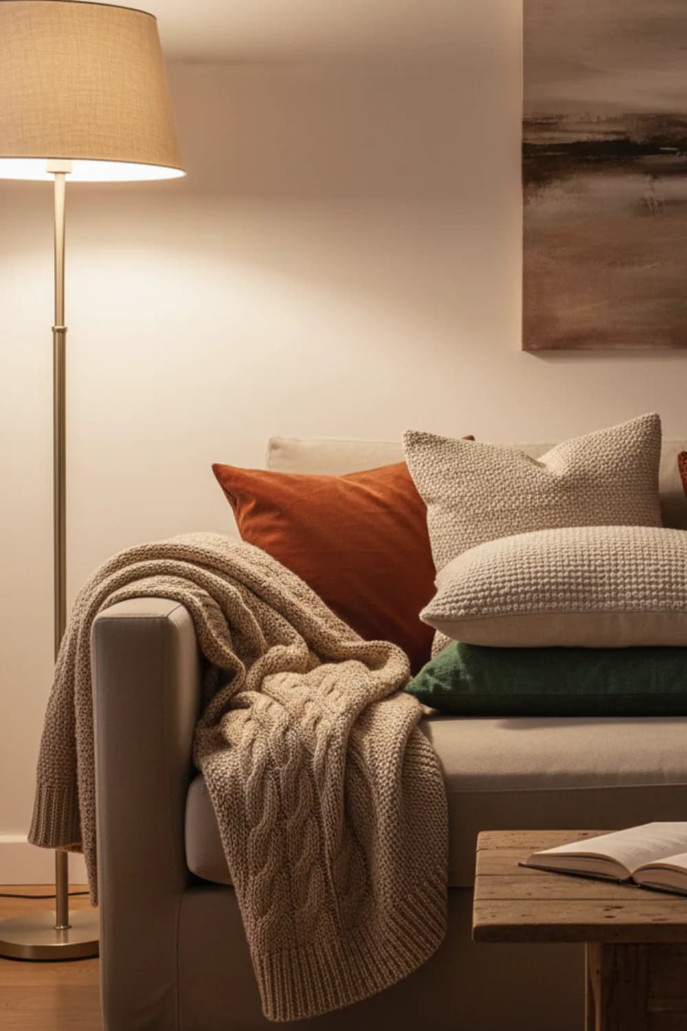 Floor lamp with a linen shade beside a sofa piled with rust, cream and green cushions and a cable-knit throw