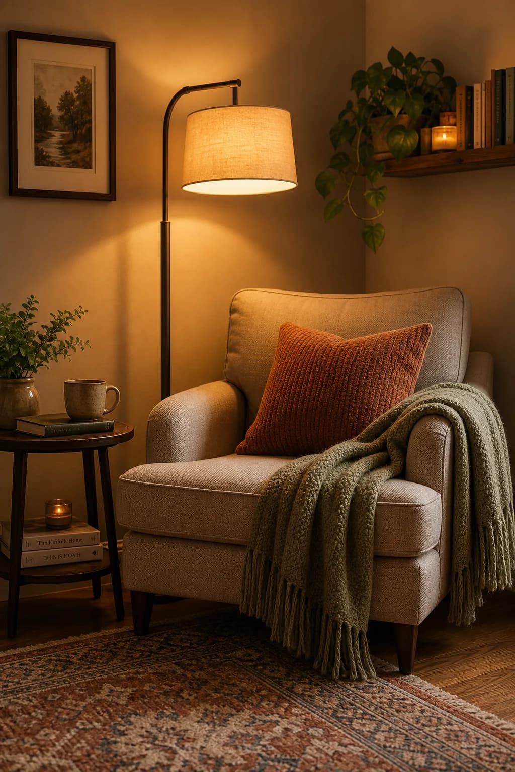 Corner of a living room with an arched floor lamp over a beige armchair, a rust knitted cushion, a green throw, a small side table with a mug and a patterned rug