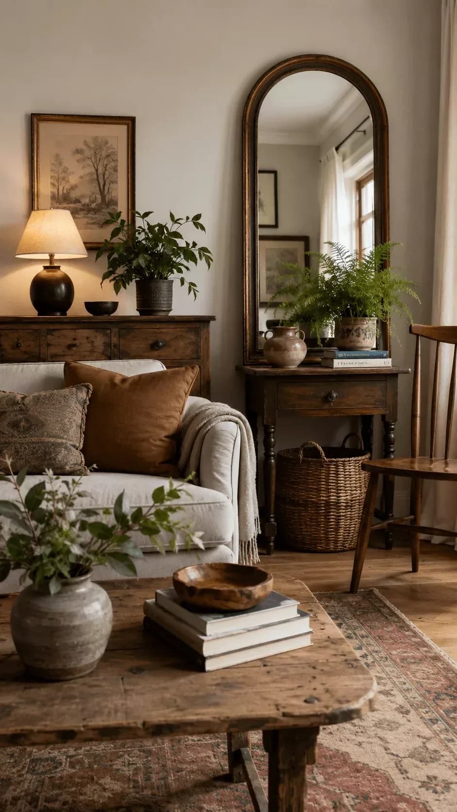 Living room corner with an arched wooden mirror on an old dark wood desk, a lamp with a black base, ferns, a cream sofa with brown cushions and a rustic wooden coffee table with books