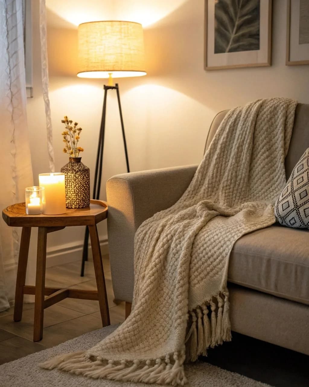 Cream waffle-knit throw with a fringe draped over the arm of a beige sofa, with a tripod floor lamp and a side table holding pillar candles and a vase of dried flowers