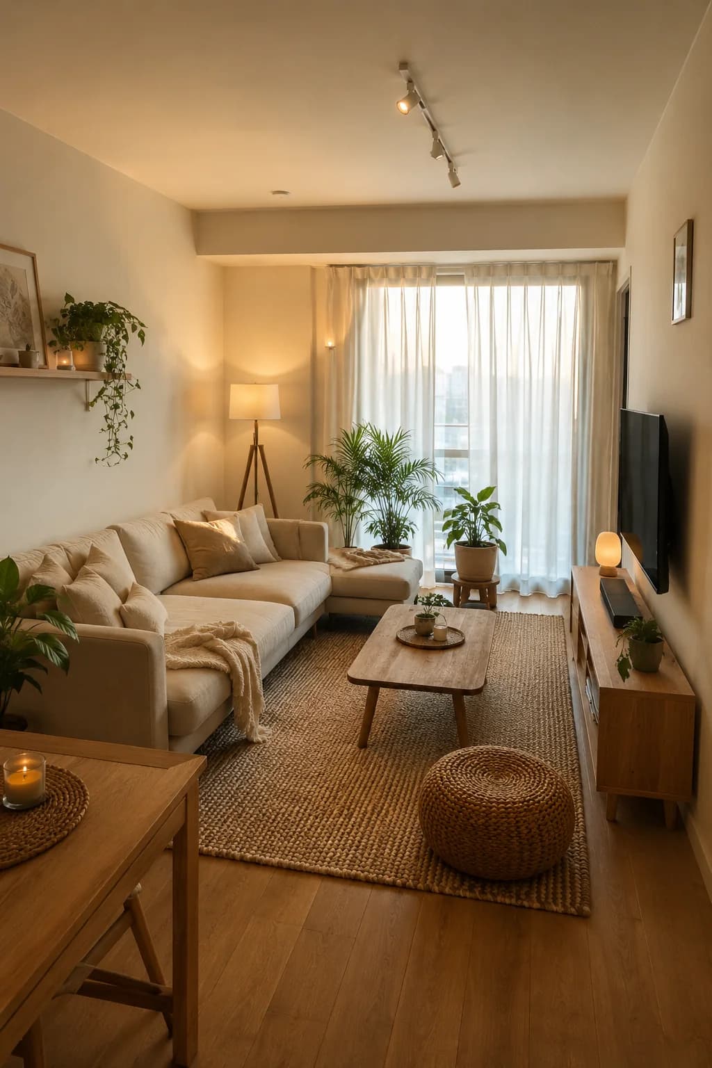 Narrow living room in evening light with a beige sectional, a jute rug, a knitted pouf, a tripod floor lamp, sheer curtains and plants on a wall shelf