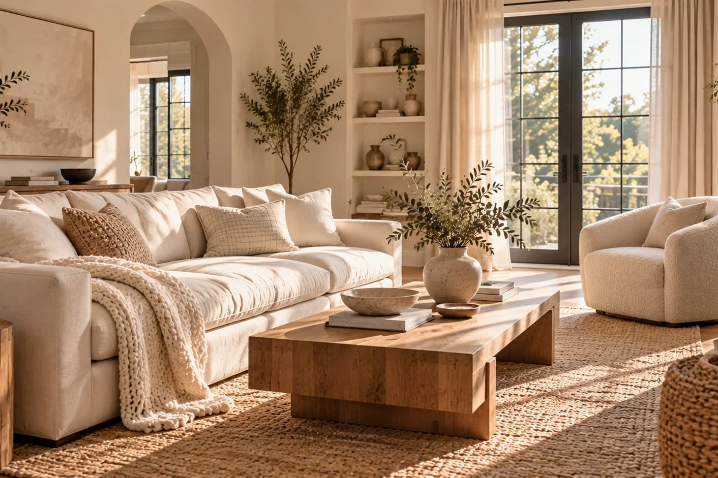 Sunlit neutral living room with a cream sofa and knitted throw, a boucle armchair, a chunky wooden coffee table, a jute rug, olive branches in stone vases and tall glass doors with sheer curtains
