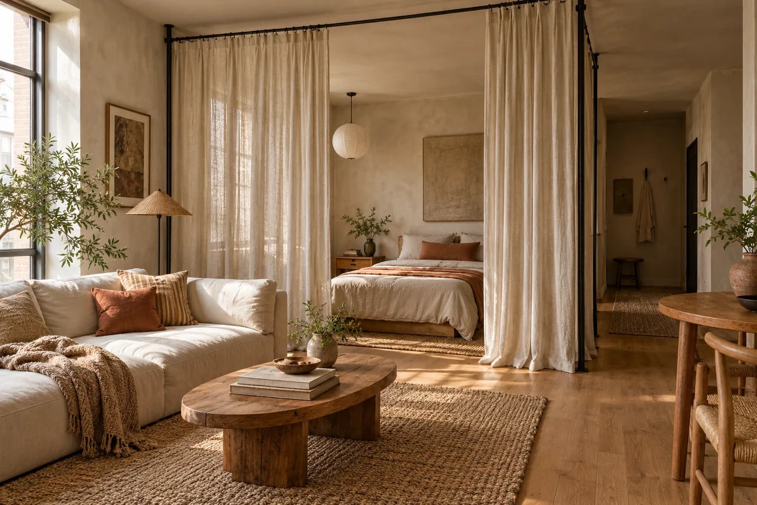 Studio apartment with a floor-to-ceiling linen curtain dividing the bed from the living area