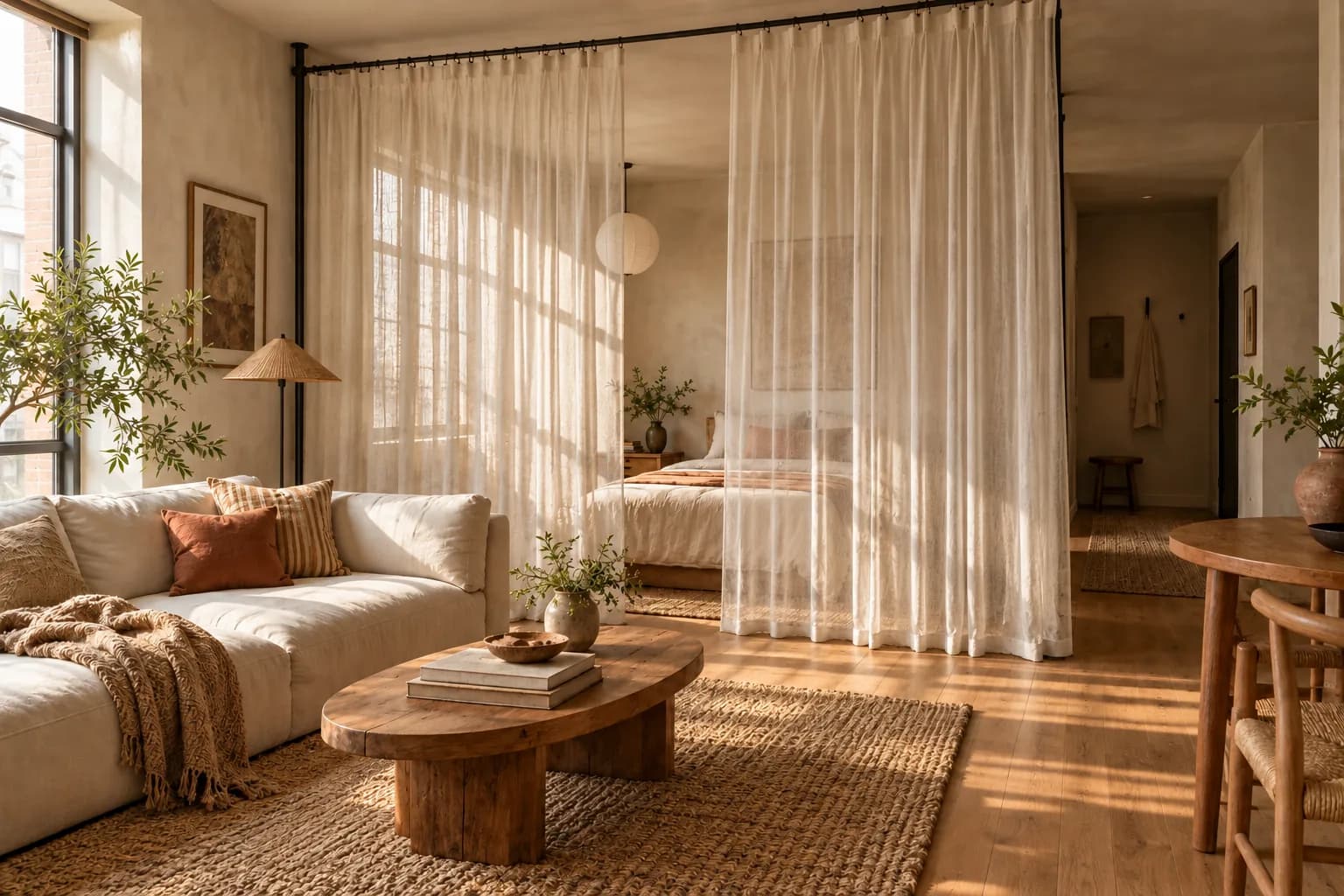 Sheer white curtain divider letting daylight through a studio apartment