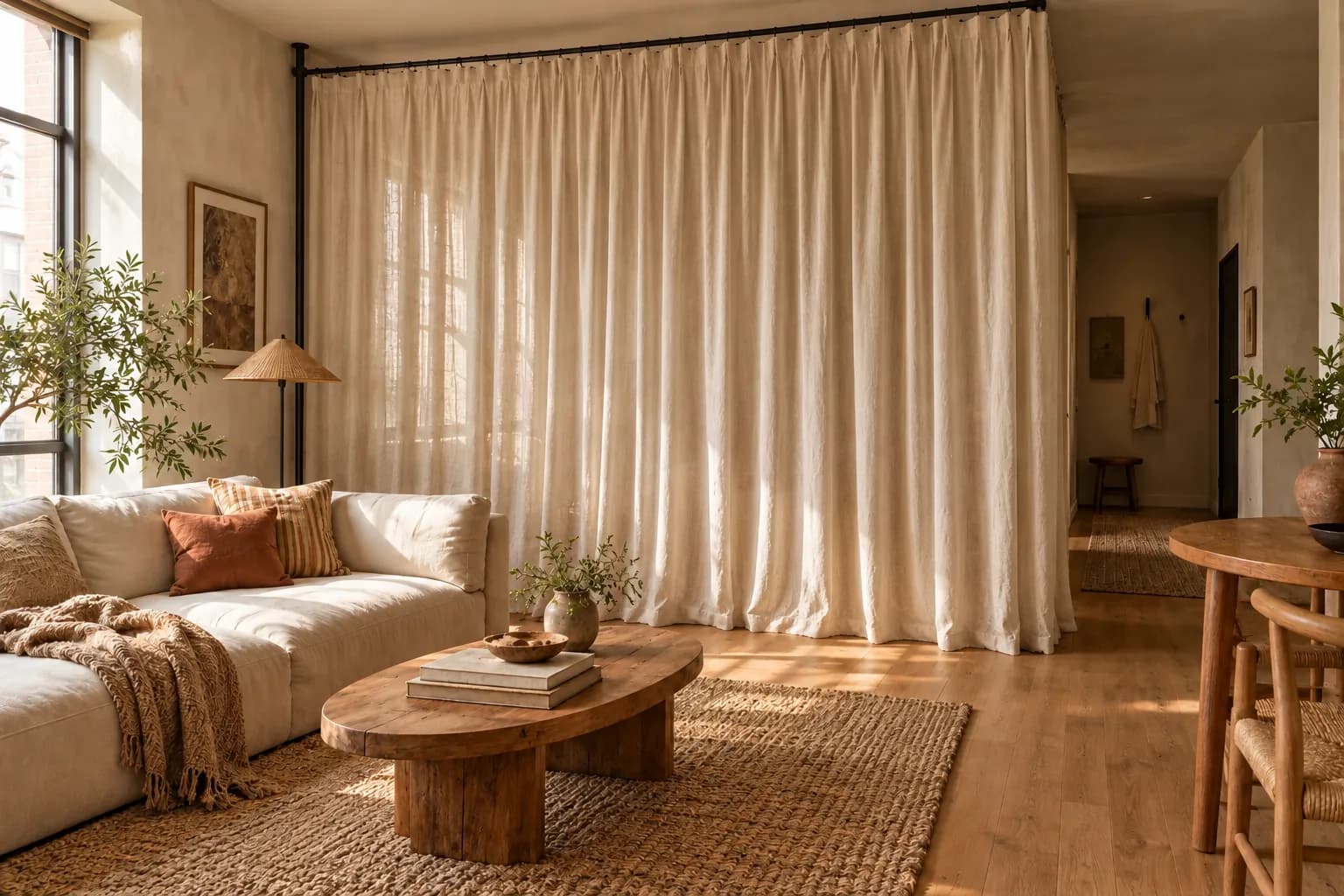 Bed alcove closed off with a full linen curtain on a tension rod near the ceiling