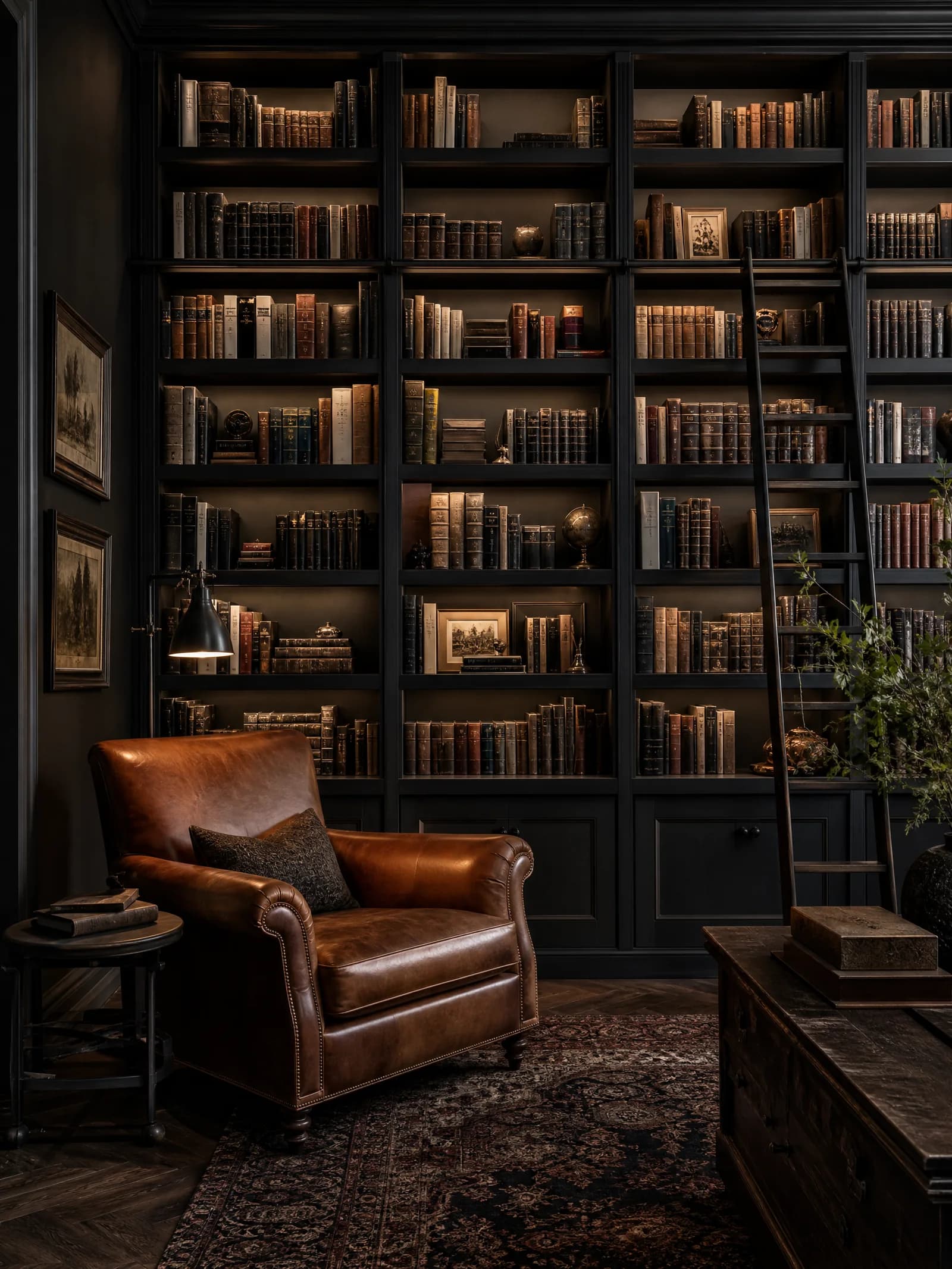 Black floor-to-ceiling bookcases full of old books with a ladder, a tan leather armchair with a cushion, a small side table and a framed sketch on the dark wall
