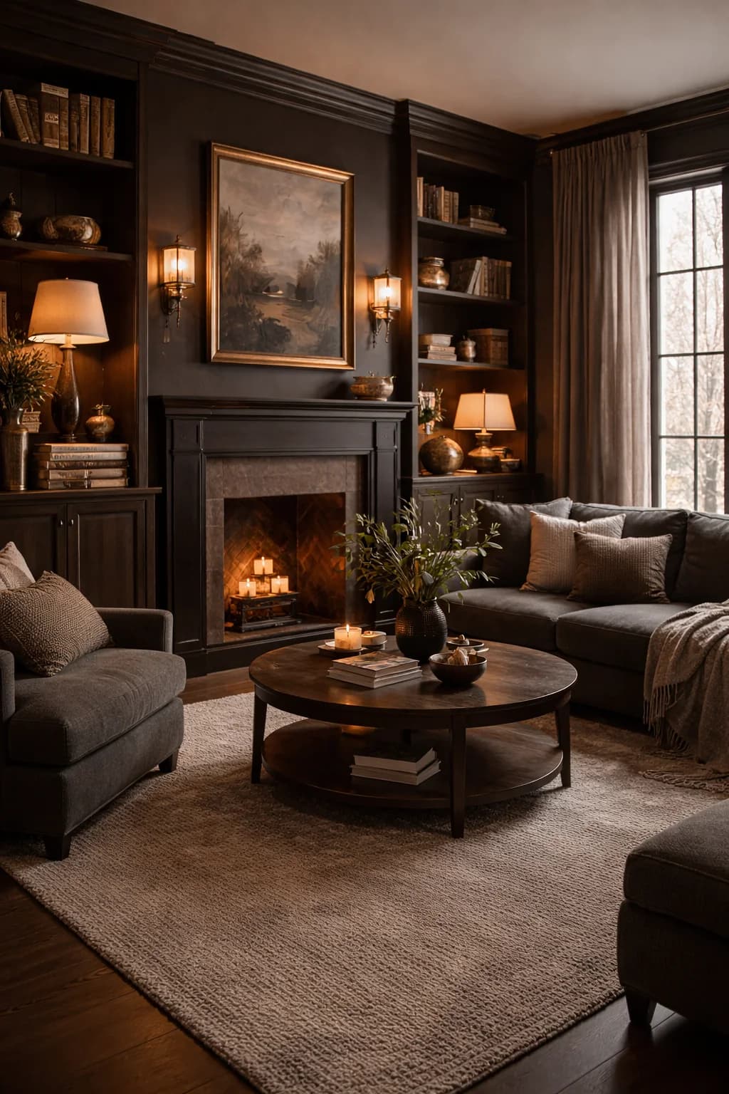 Dark living room with a fireplace flanked by two brass sconces and bookshelves, a large landscape painting above, grey sofas around a round wooden coffee table and a fire burning