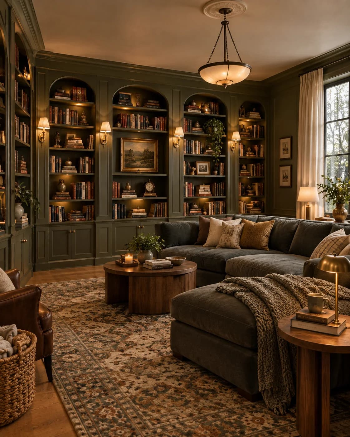 Living room with deep green arched built-in bookshelves lit by small sconces, full of books and framed pictures, above a grey sectional, a round wooden coffee table and a large patterned rug