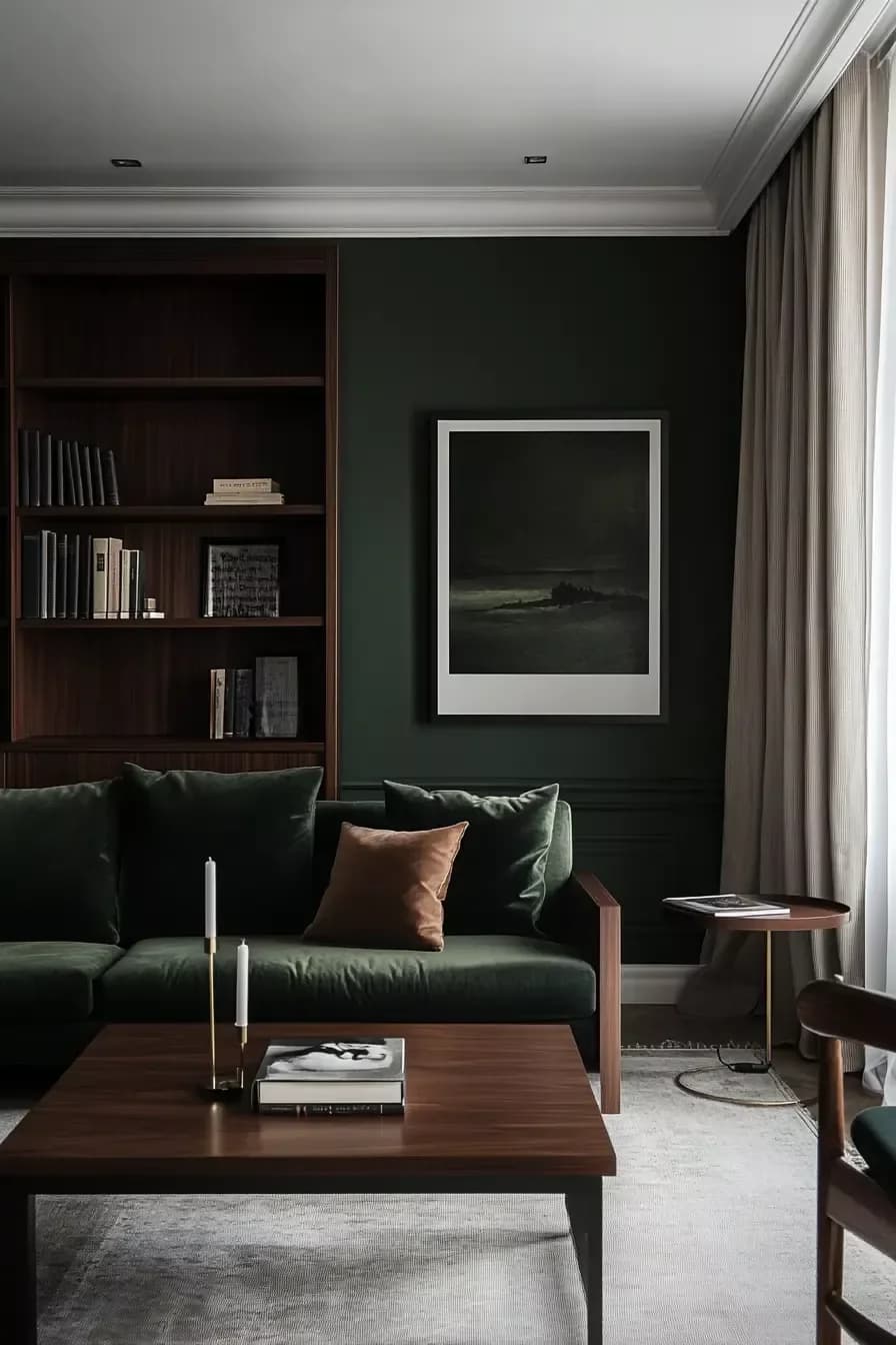 Living room with deep green walls, a dark green velvet sofa with a rust cushion, a dark wood coffee table with two candlesticks and a book, a framed black and white landscape and a wood bookcase