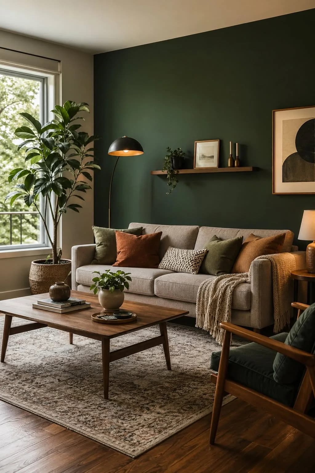 Living room with one deep green wall, a light linen sofa with rust and green cushions, a mid-century wood coffee table, a vintage rug, a black arc lamp and a tall fiddle-leaf fig by the window