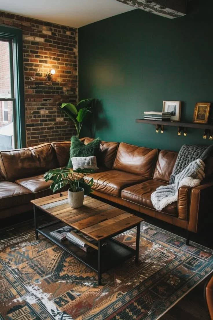 Living room corner with a deep green wall and exposed brick, a worn tan leather sectional with a knitted throw, a rustic wood and metal coffee table, a patterned rug and a small brass wall light