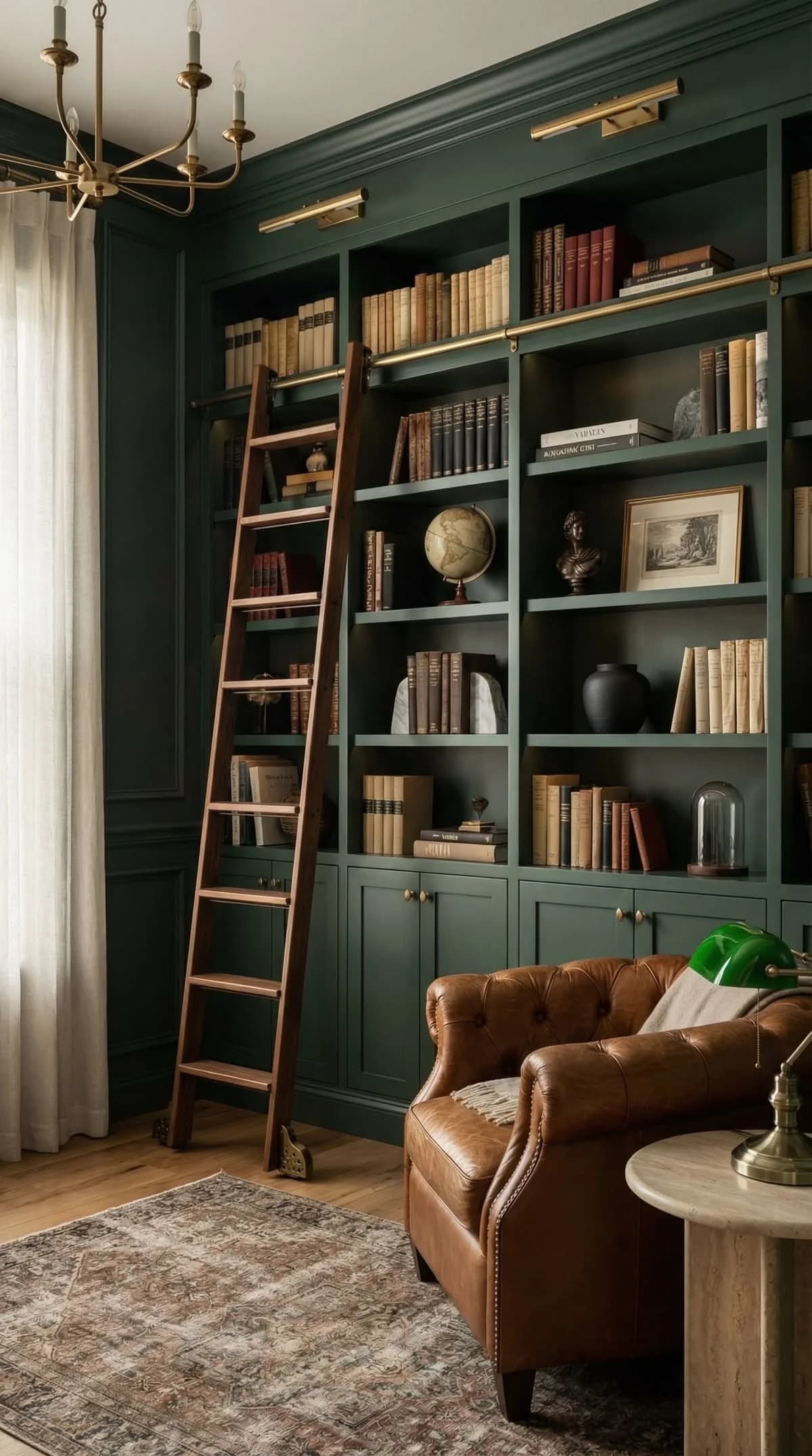 Leather club chair beside deep green built-in bookshelves with a wooden library ladder, a globe, picture lights above the shelves and a vintage rug