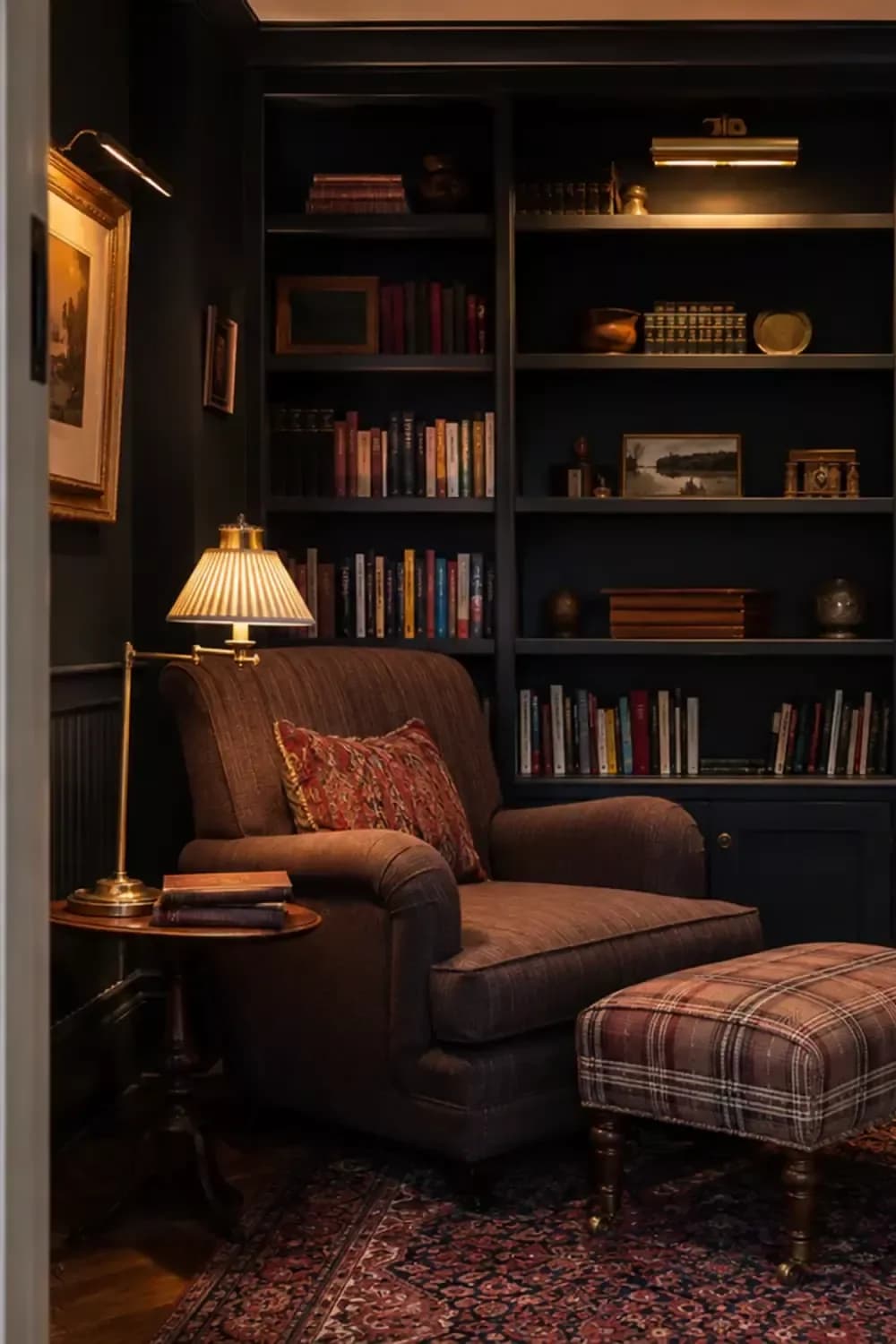 Reading corner with a brown upholstered armchair with a red patterned cushion, a plaid footstool, a pleated lamp on a small round table, dark bookshelves and a framed painting