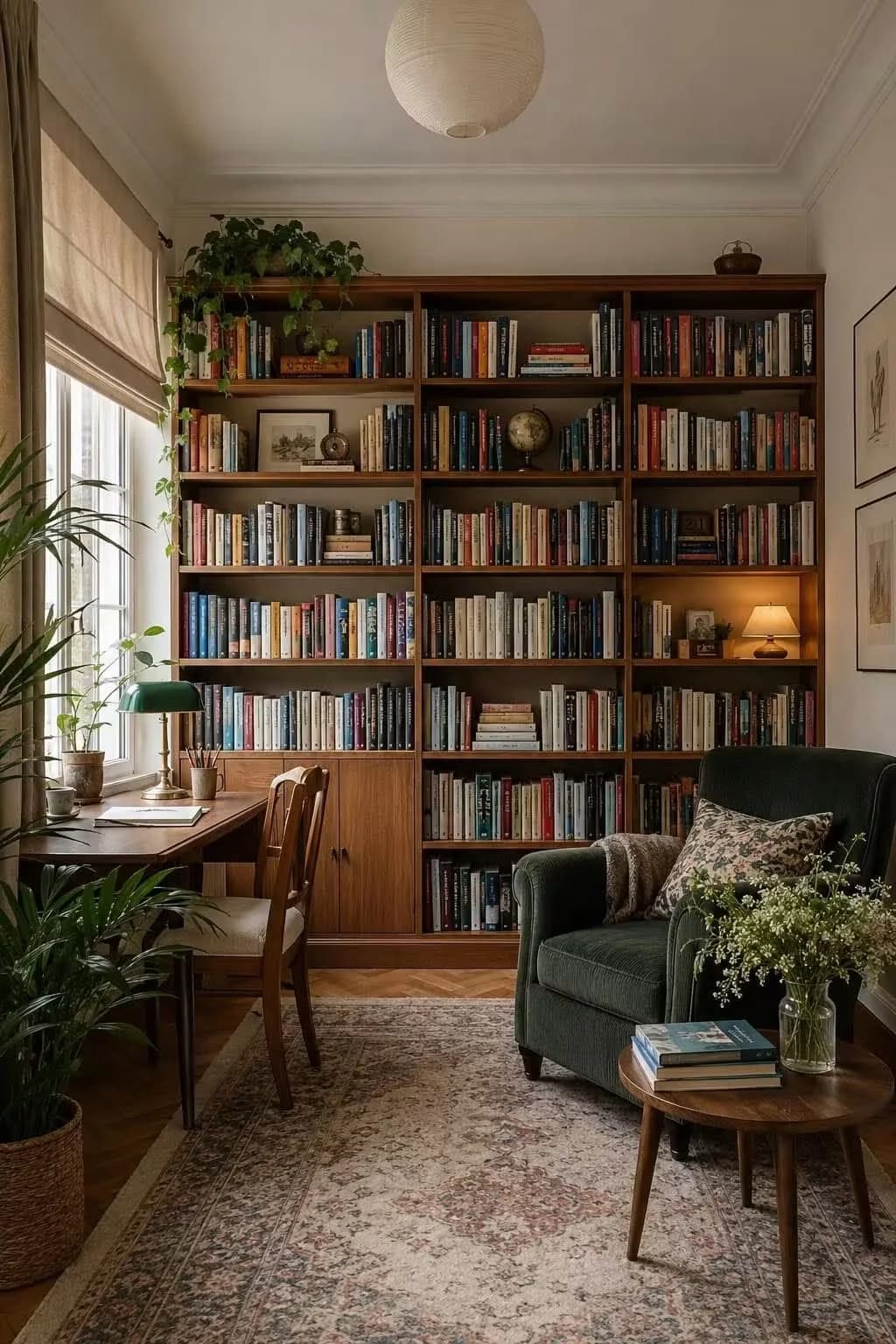 Light living room with warm white walls, a full wooden bookcase, a green velvet armchair, a wooden desk with a green banker's lamp, a round side table with books and flowers and a vintage rug