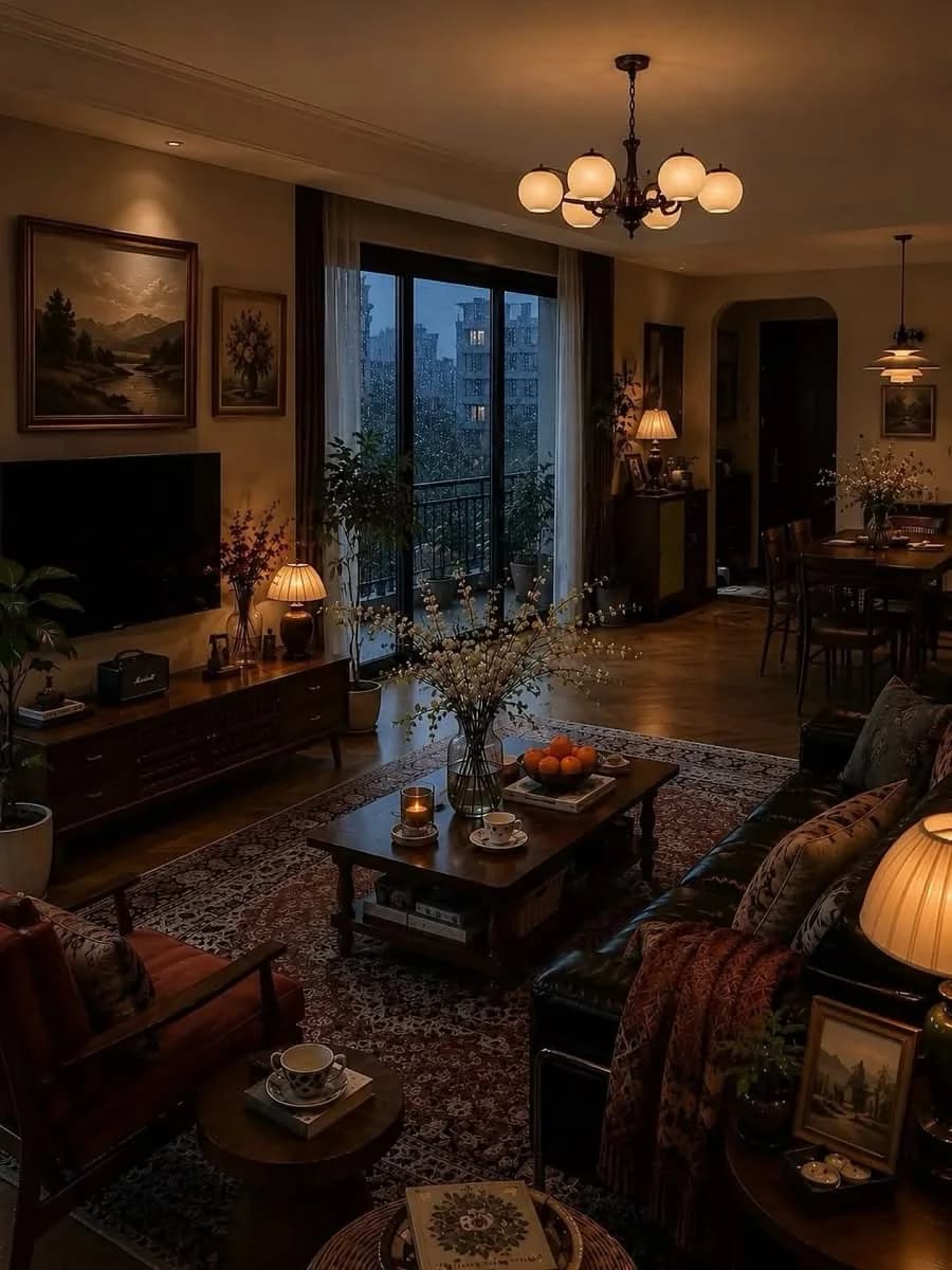 Dark academia living room with a TV on a long dark wood media unit beside landscape paintings, a vintage rug, a dark leather sofa with patterned cushions, warm lamps and a city view through tall windows