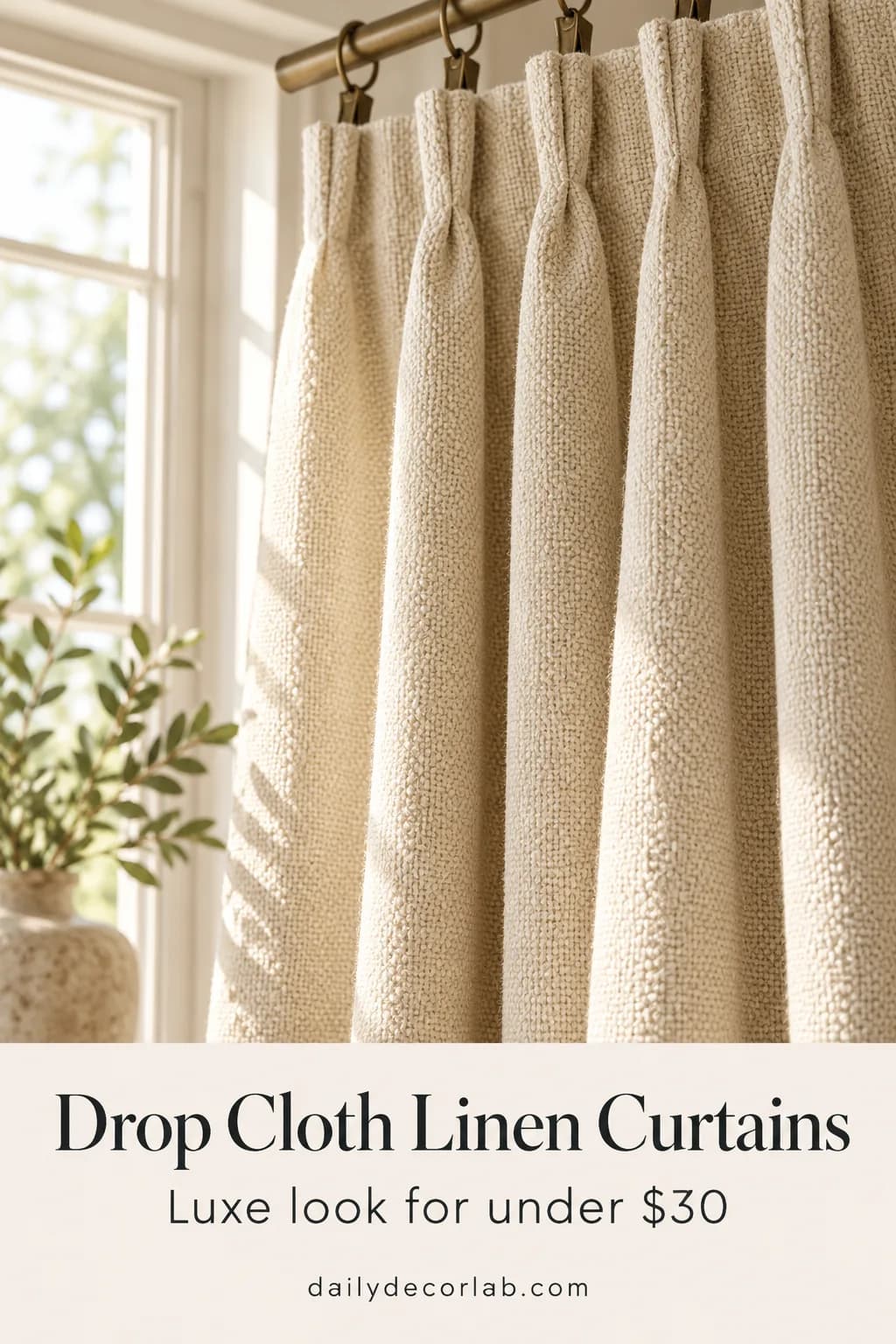 Pinned card for DIY drop cloth linen curtains
