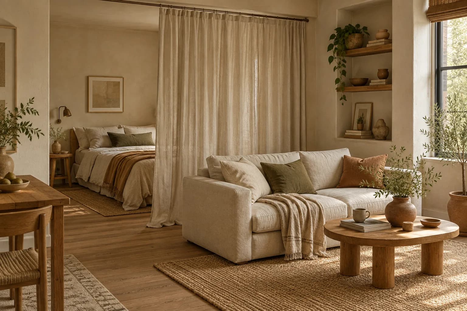 Studio apartment with a linen curtain on a tension rod separating the bed from the living area