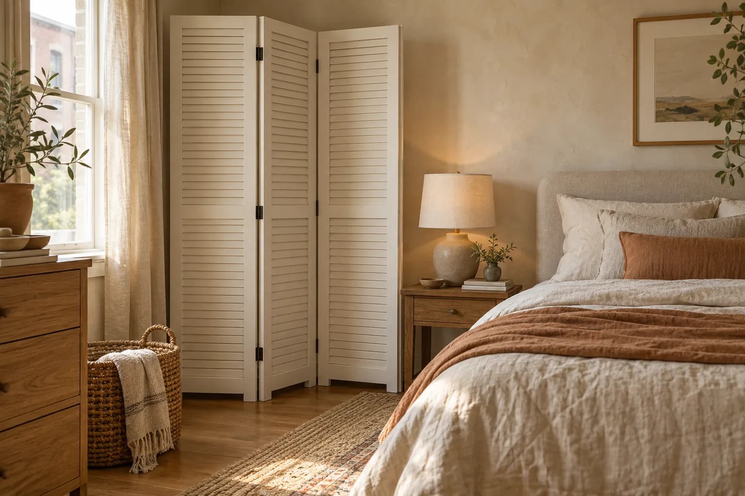 White louvered folding screen beside a bed in a small bedroom corner