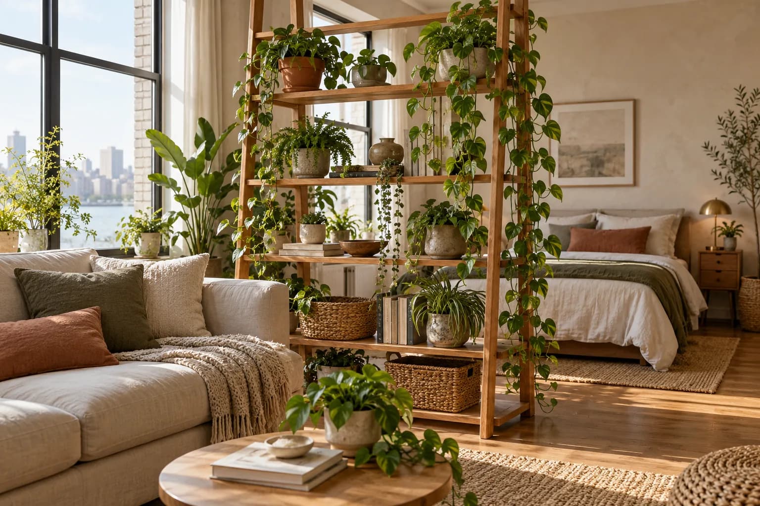 Wooden étagère filled with trailing plants separating a bed from a sofa