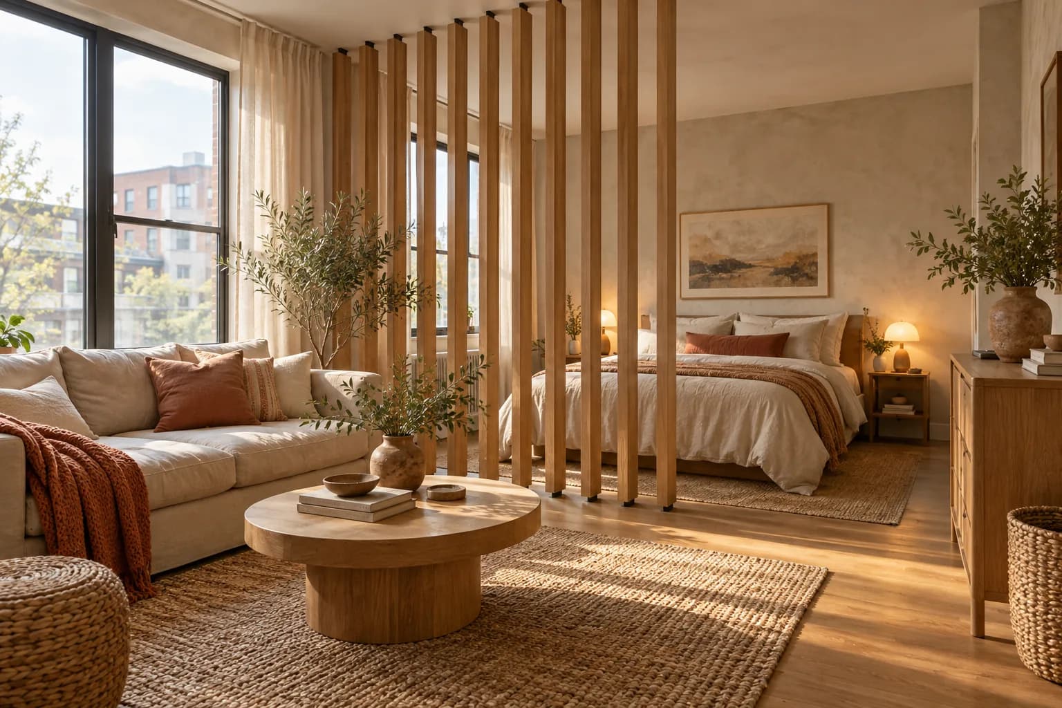 Vertical oak slat divider between a sofa and a bed in a studio apartment