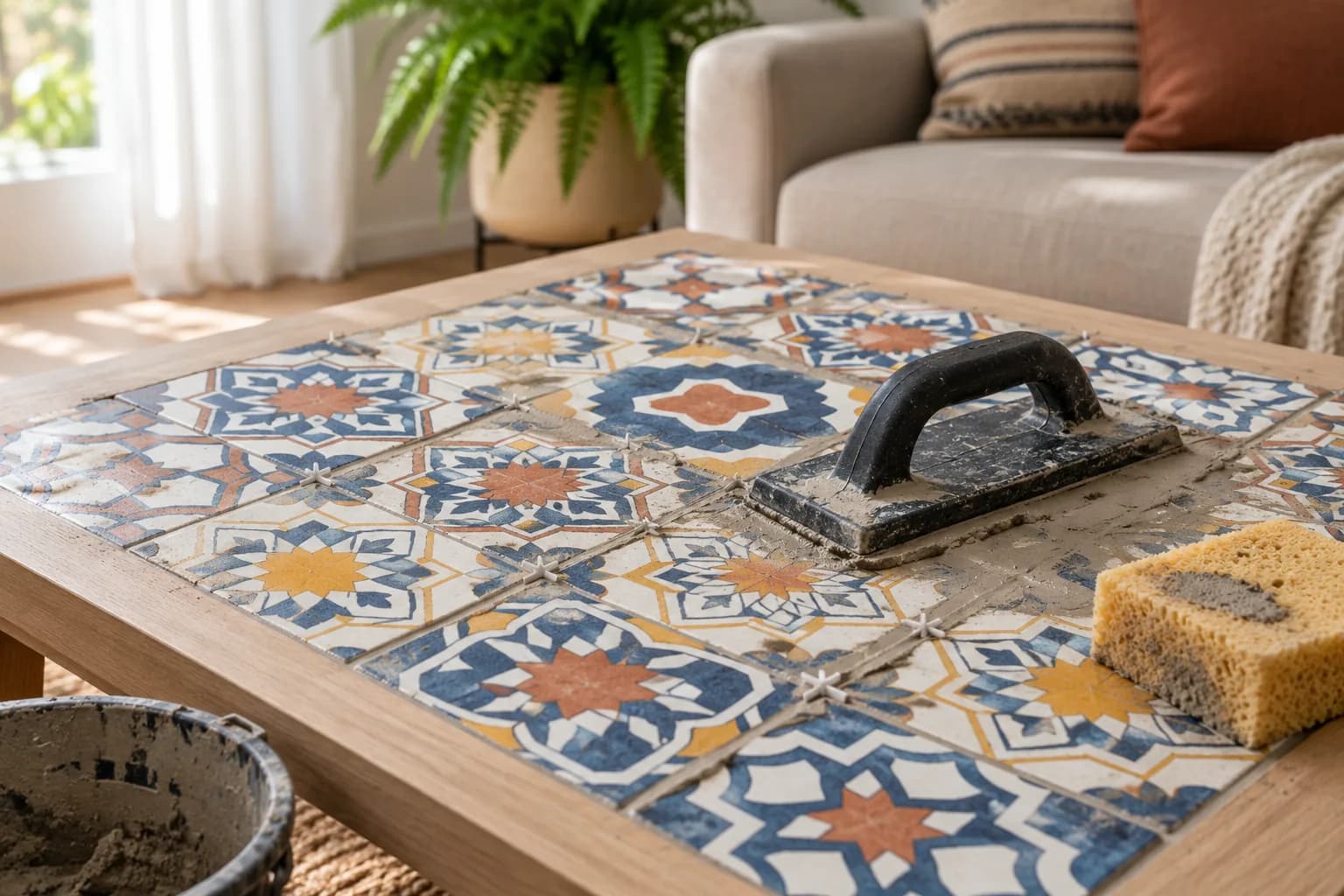 Smoothing grout between cement Moroccan tiles on a coffee table with a rubber float
