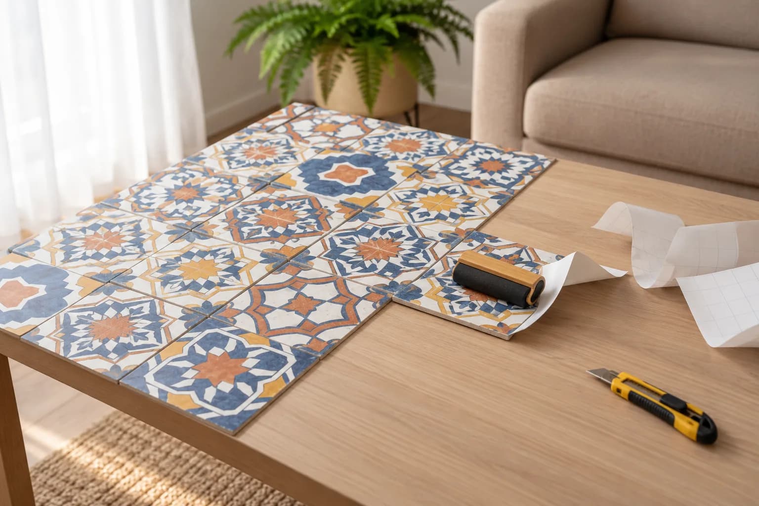 Applying a peel-and-stick Moroccan tile to a wooden coffee table with a roller