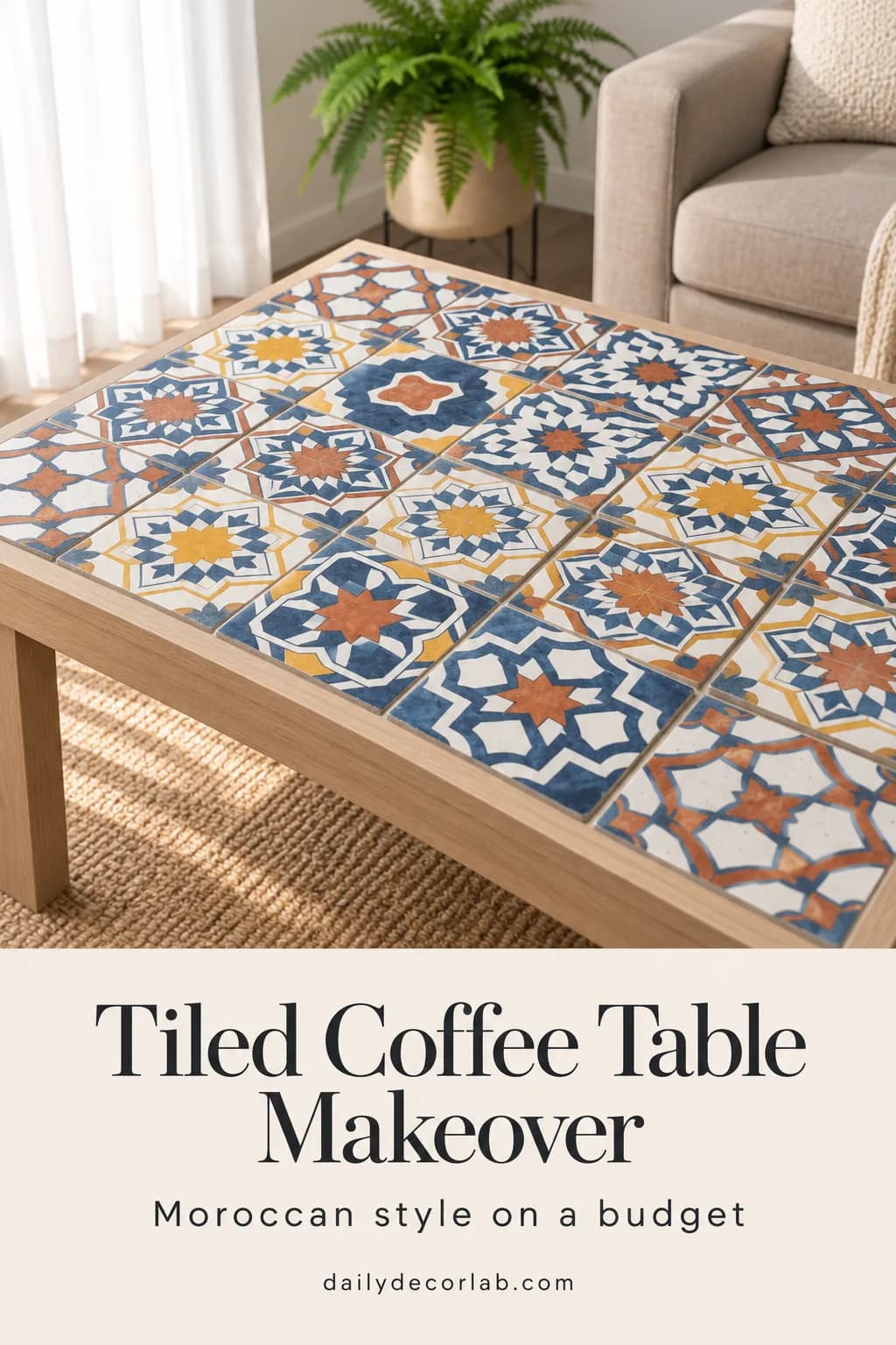 Pinterest pin for the DIY Moroccan tiled coffee table makeover
