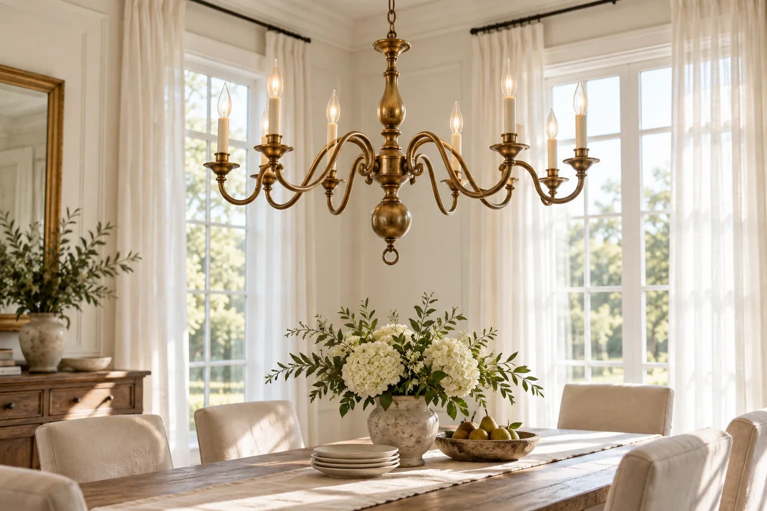 Brass chandelier refinished in antique gold hanging over a dining table