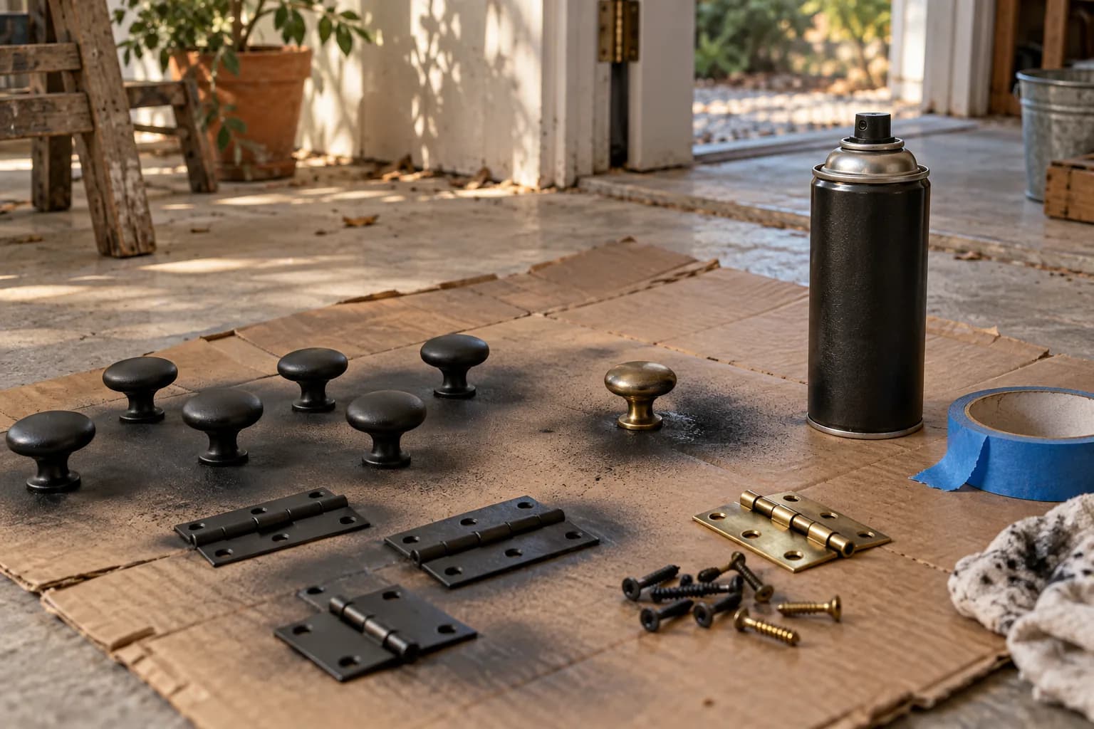 Black spray painted cabinet knobs and hinges drying on cardboard next to a spray can and painter's tape