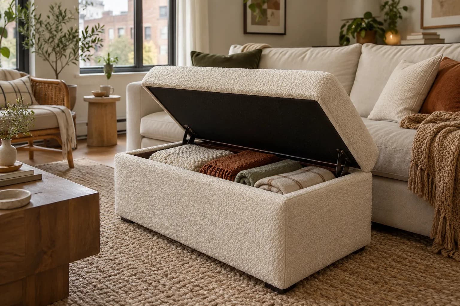 Cream bouclé storage ottoman with the lid open showing folded blankets