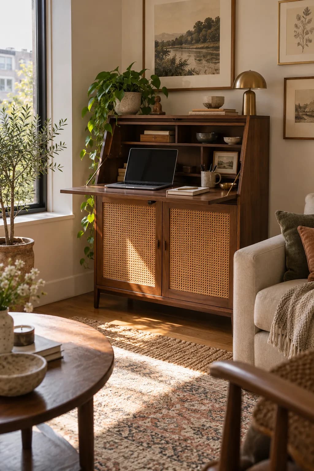 Cane-front secretary desk with the desktop open and a laptop inside