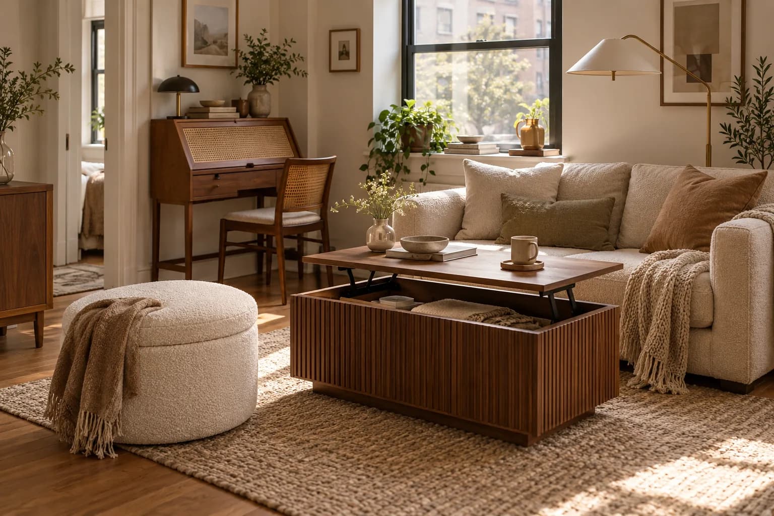 Small apartment living area with a bouclé storage ottoman, wood coffee table and cane secretary desk
