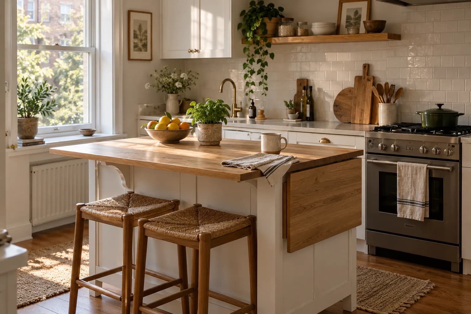 Drop-leaf kitchen island with one leaf extended as a breakfast bar