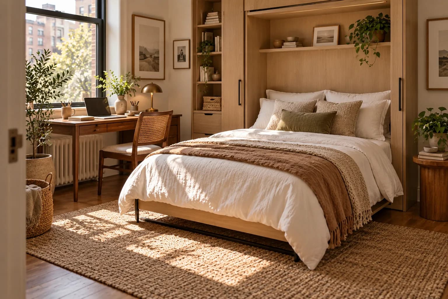 Light wood Murphy bed folded down and made up beside a desk