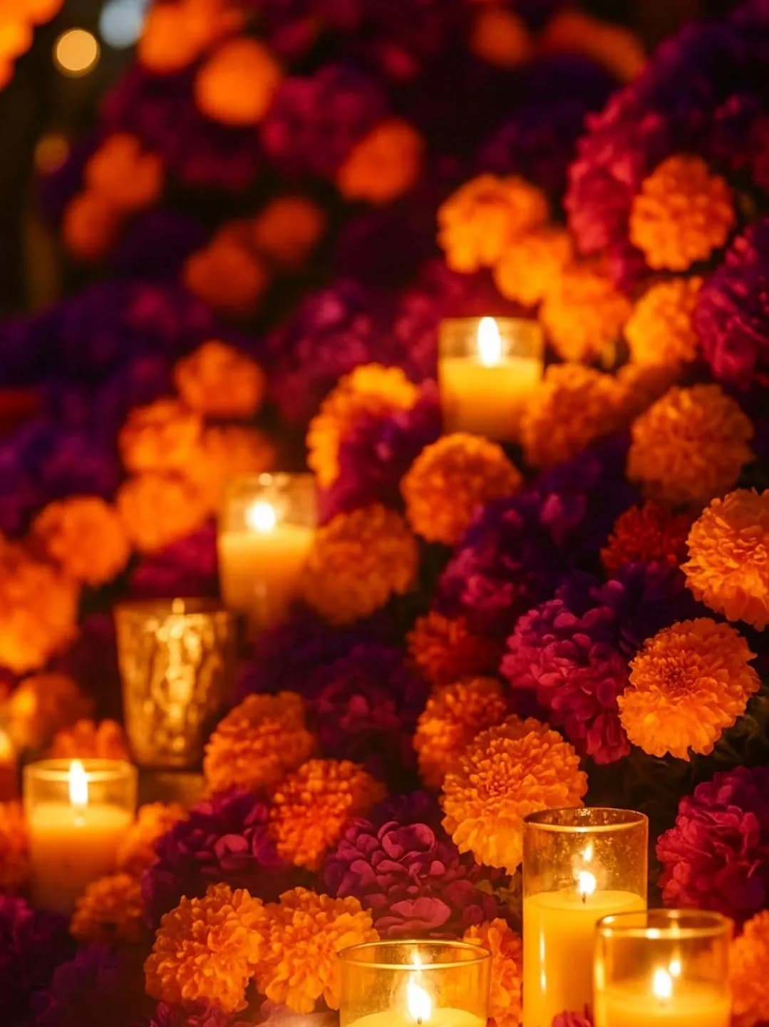 Flores de cempasúchil naranjas y moradas con veladoras encendidas en vasos de vidrio