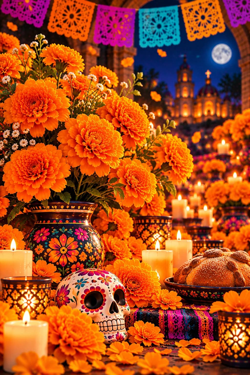 Ramo de cempasúchil en un jarrón pintado, calavera decorada, pan de muerto, veladoras y papel picado de colores