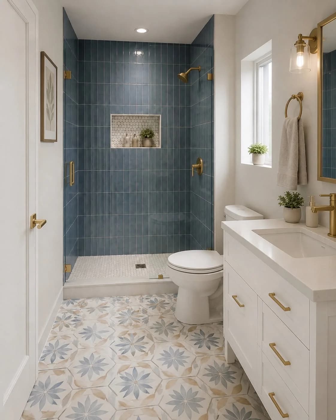 Baño pequeño con ducha revestida de azulejo azul profundo con nicho, regadera dorada, mueble blanco con jaladeras doradas y piso de mosaico estampado