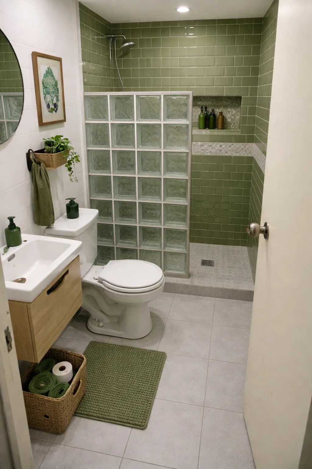 Baño pequeño con muro de bloques de vidrio que separa la ducha revestida de azulejo verde, inodoro, lavabo pequeño con mueble de madera y un cesto tejido