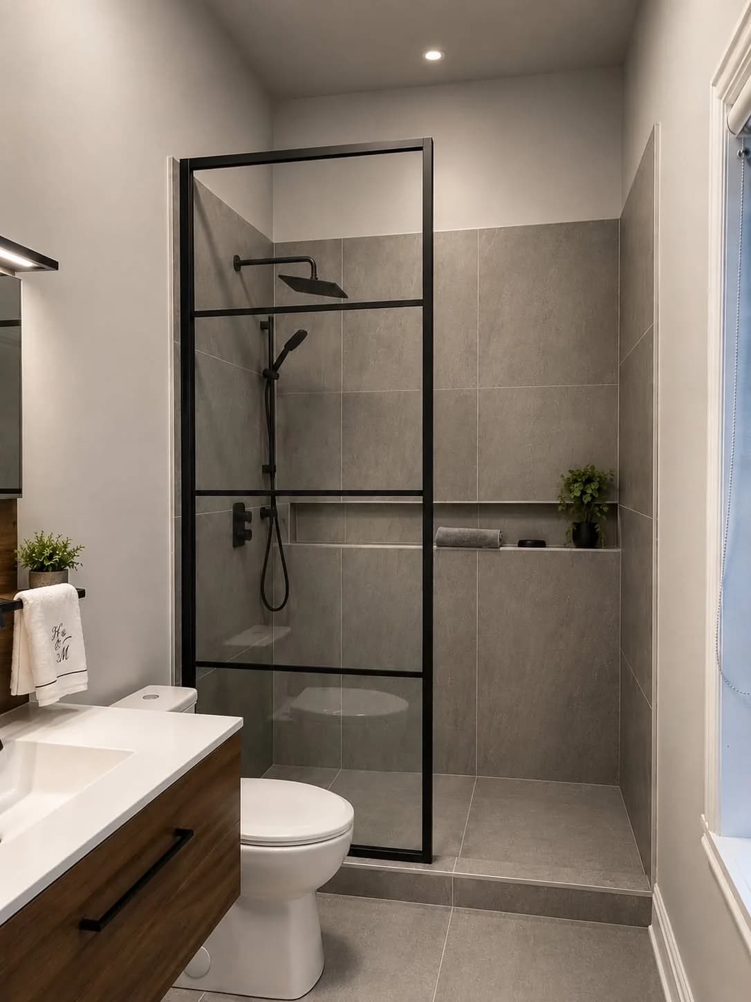 Baño pequeño gris con cancel de vidrio con marco negro delgado tipo herrería, regadera negra, repisa en la pared de la ducha, inodoro y mueble de madera