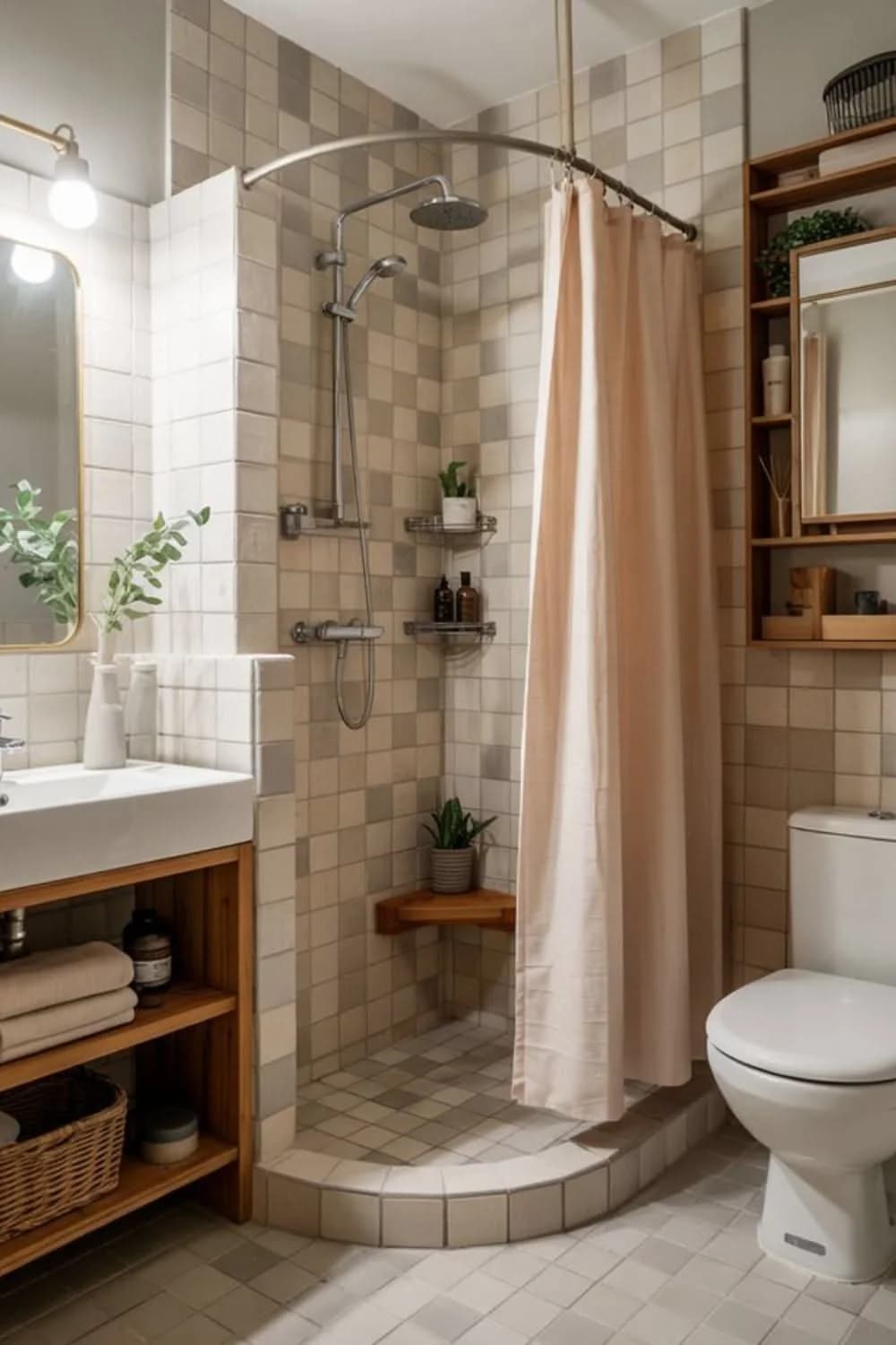 Ducha en esquina con cortina rosa claro en un riel curvo, azulejo cuadrado en tonos beige, repisas de esquina y un mueble de madera con toallas