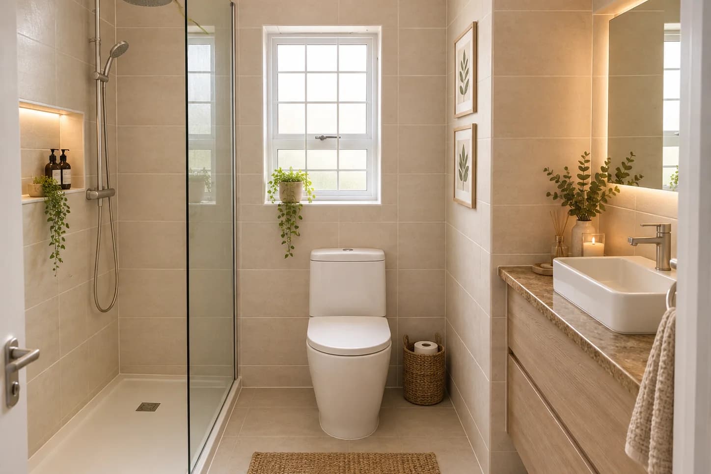 Baño pequeño en tonos beige con ducha de vidrio fijo, nicho iluminado, regadera de mano, inodoro, ventana con plantas colgantes y lavabo sobre mueble de madera