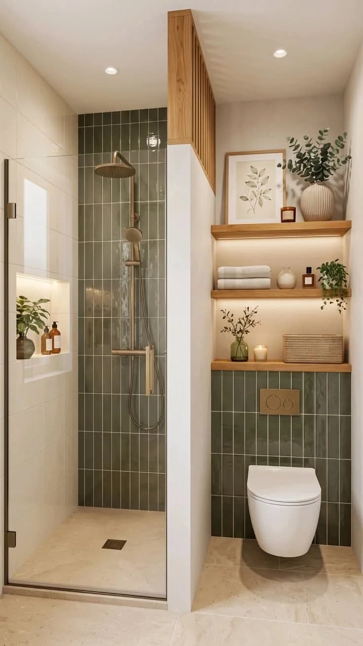 Baño angosto con la ducha al fondo revestida de azulejo verde vertical, puerta de vidrio, repisas de madera iluminadas sobre el inodoro y plantas