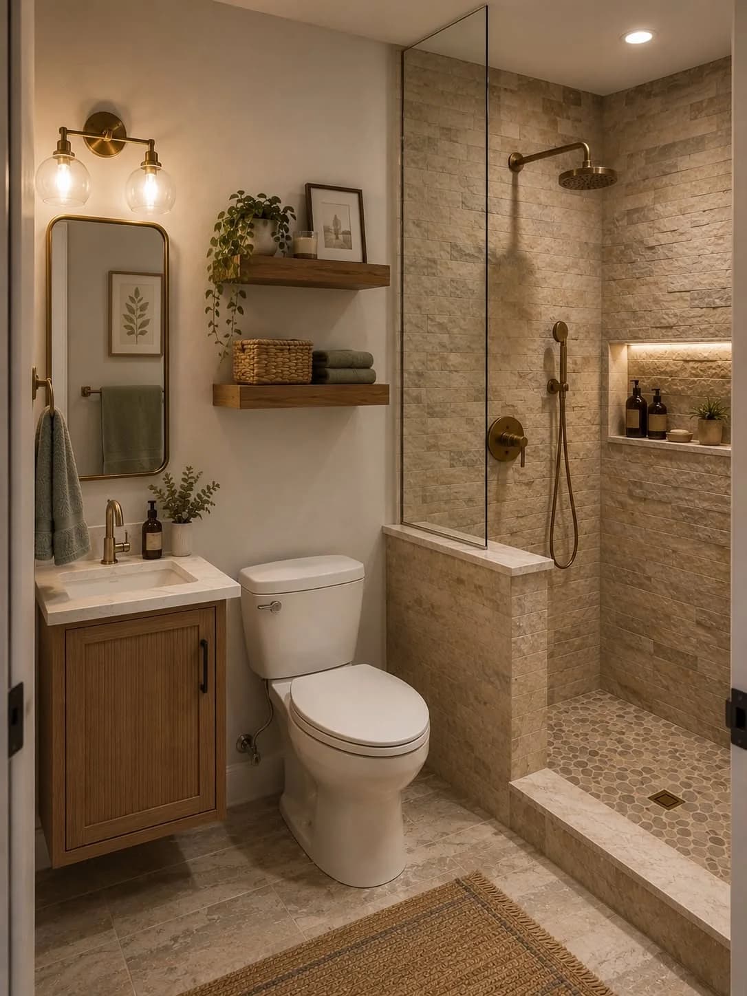 Baño pequeño con ducha separada por un muro bajo de piedra clara con vidrio arriba, nicho iluminado, inodoro, mueble de madera y repisas con plantas